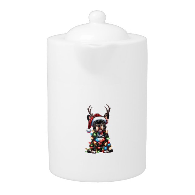 Funny French Bulldog Christmas Santa Hat Light Rei Teapot (Front)