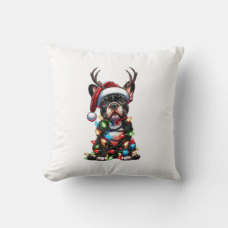 Funny French Bulldog Christmas Santa Hat Light Rei Throw Pillow
