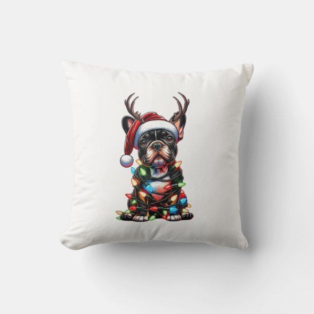 Funny French Bulldog Christmas Santa Hat Light Rei Throw Pillow (Front)