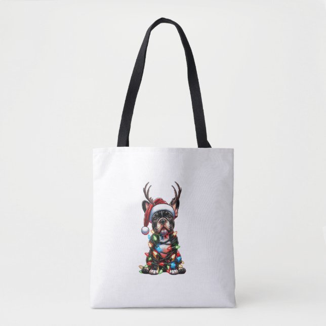 Funny French Bulldog Christmas Santa Hat Light Rei Tote Bag (Front)