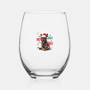 Funny French Bulldog Christmas Santa Hat Lights HO Stemless Wine Glass