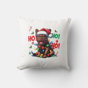 Funny French Bulldog Christmas Santa Hat Lights HO Throw Pillow