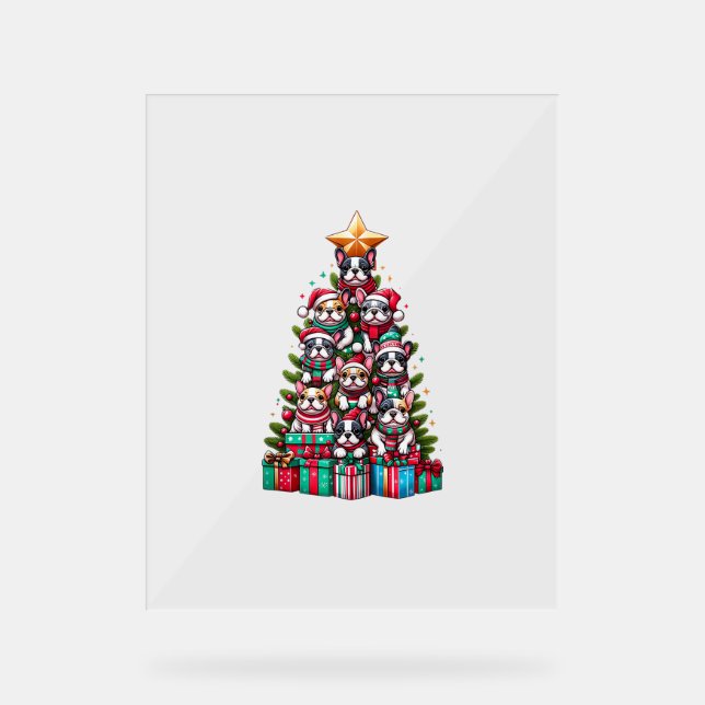 Funny French Bulldog Christmas Tree Santa Hat Snow Acrylic Sign (Front)