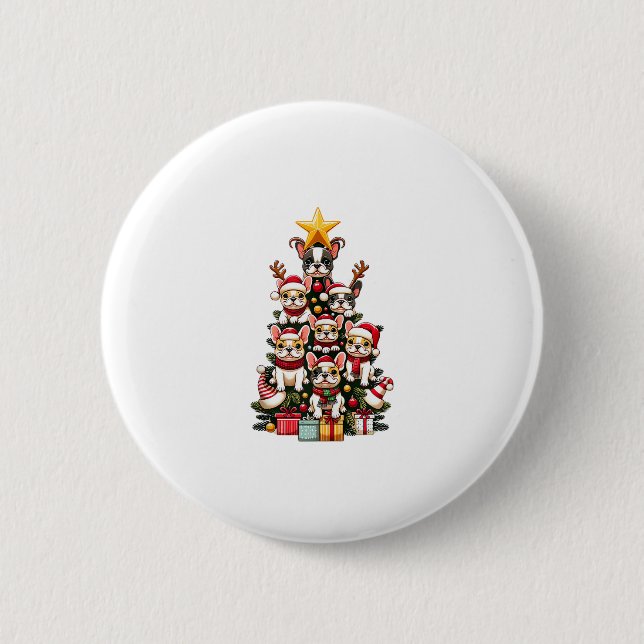 Funny French Bulldog Christmas Tree Santa Hat Snow Button (Front)