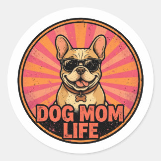 Funny French Bulldog Dog Mom Life Retro Sunset Dog Classic Round Sticker