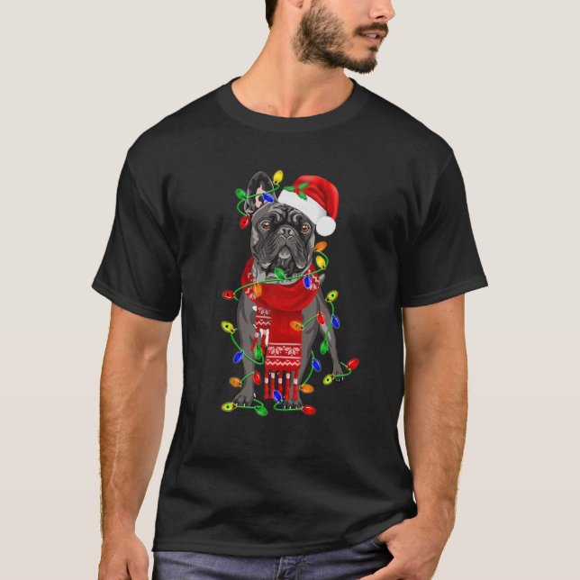 Funny French Bulldog Dog Tree Christmas Lights Xma T-Shirt (Front)