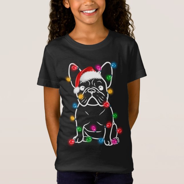 Funny French Bulldog Dog Tree Christmas Lights Xma T-Shirt (Front)
