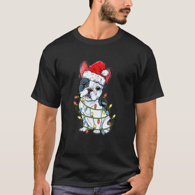Funny French Bulldog Dog Tree Christmas Lights Xma T-Shirt (Front)