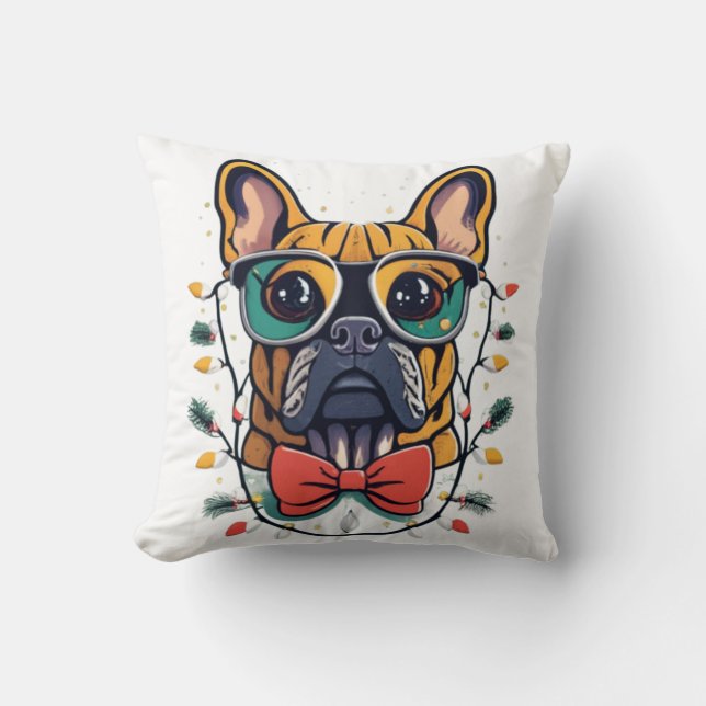Funny French Bulldog Dog Tree Christmas Lights Xma Throw Pillow (Front)