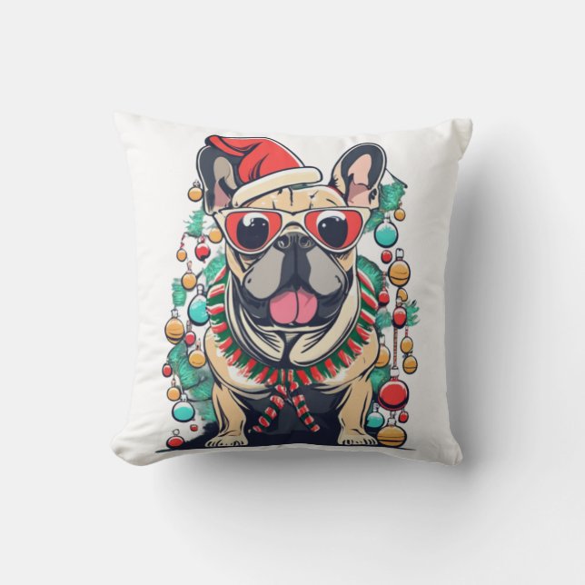 Funny French Bulldog Dog Tree Christmas Lights Xma Throw Pillow (Front)