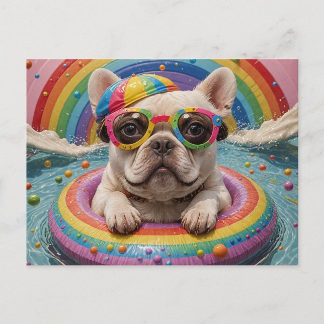 Funny French Bulldog Floating Colorful Postcard (Front)