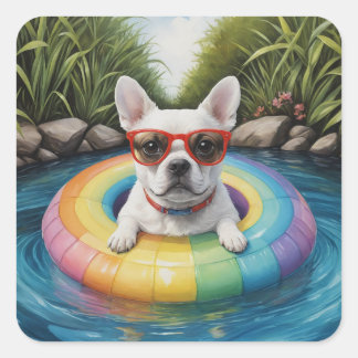 Funny French Bulldog Floating in a Pond Square Sticker