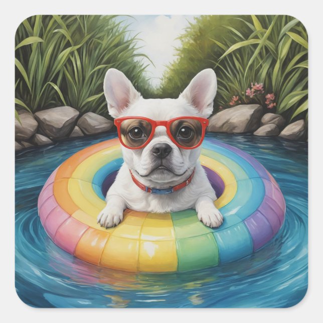 Funny French Bulldog Floating in a Pond Square Sticker (Front)
