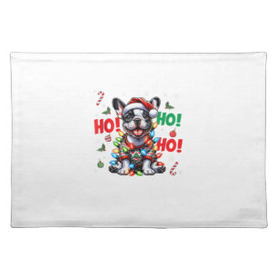 Funny French Bulldog HO HO HO Christmas Santa Hat Cloth Placemat