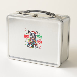 Funny French Bulldog HO HO HO Christmas Santa Hat  Metal Lunch Box