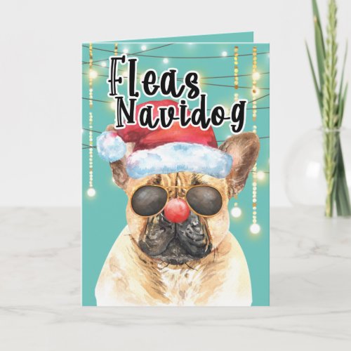 Funny French bulldog in lights happy holidays Card