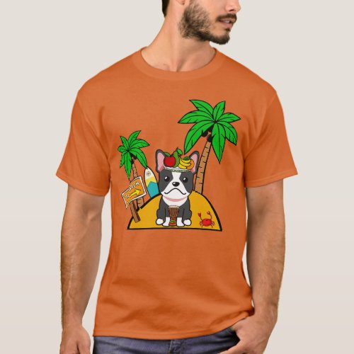 Funny french bulldog is on a deserted island T_Shirt