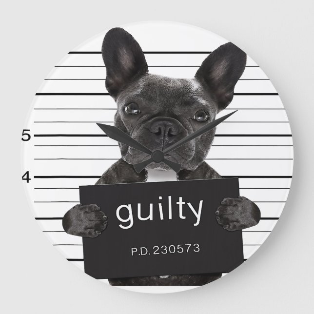 Funny French Bulldog Jail Mugshot Bad Dog Criminal Large Clock (Front)