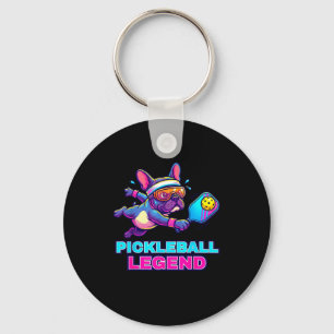 Funny french bulldog playing pickleball court keychain