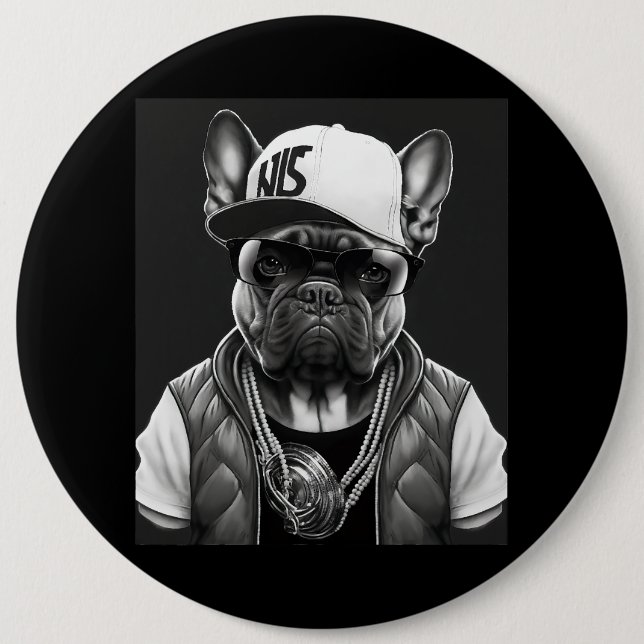 Funny French Bulldog Rapper Hip Hop Star Button (Front)