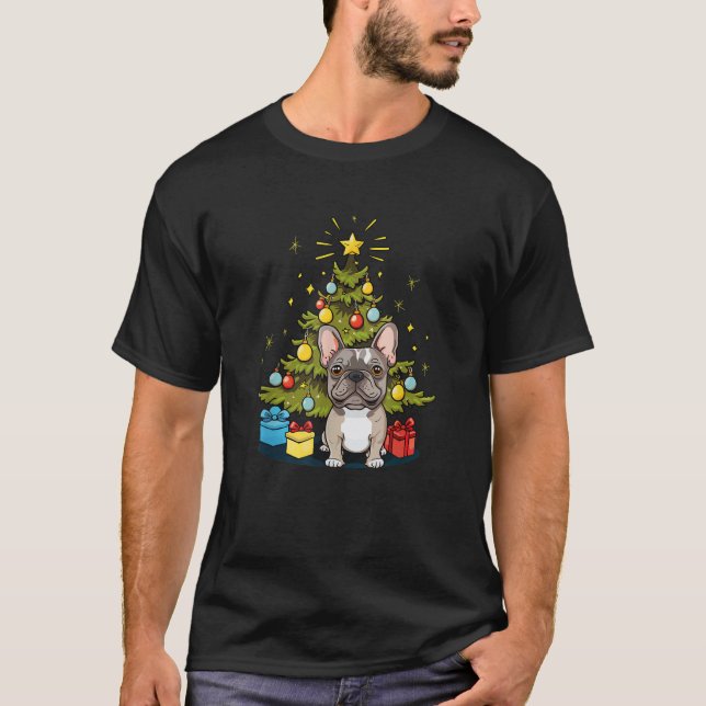 Funny French Bulldog With Christmas Tree  T-Shirt (Front)