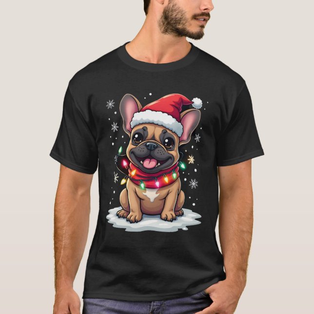 Funny French Bulldogs Christmas Santa Hat Lights S T-Shirt (Front)