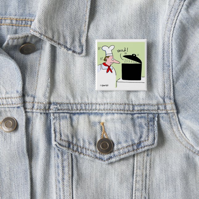 Funny French Chef with Kettle on Stove Cartoon Pinback Button (In Situ)