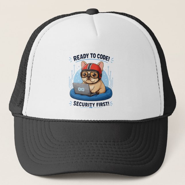 Funny Frenchie Coder Cybersecurity Dog Sticker Trucker Hat (Front)