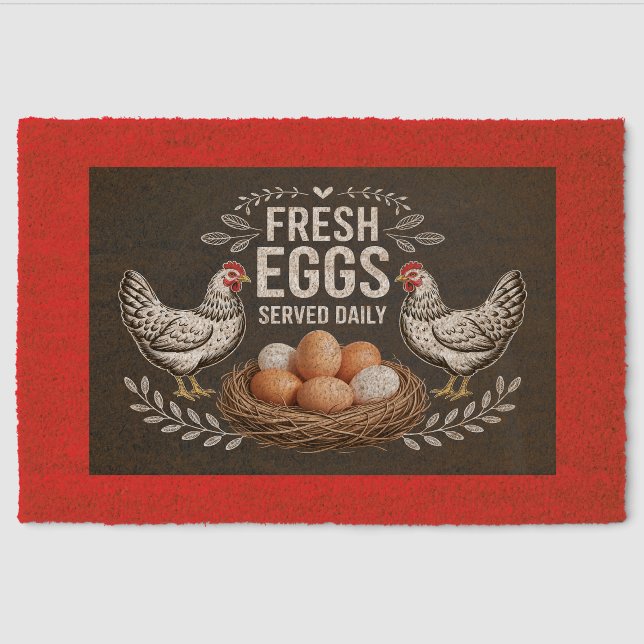 Funny Fresh Eggs Served Daily Chicken Fiber Doormat (Front)