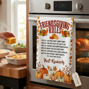 Funny Friendsgiving Rules & Trivia kitchen towel