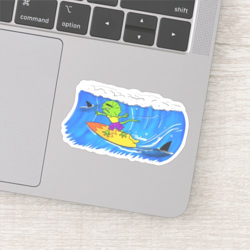 Funny frill neck lizard surfing cartoon sticker