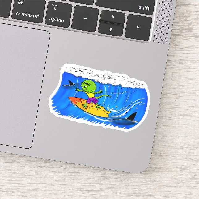 Funny frill neck lizard surfing cartoon sticker (Detail)