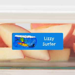 Funny frill neck lizard surfing personalized labels