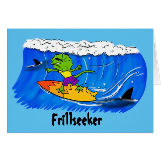 Funny frilled neck lizard surfing. cards (Front Horizontal)