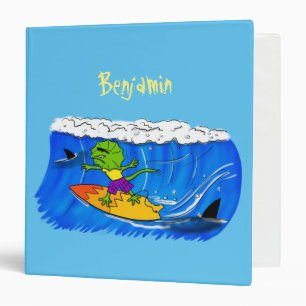 Funny frilled neck lizard surfing cartoon 3 ring binder