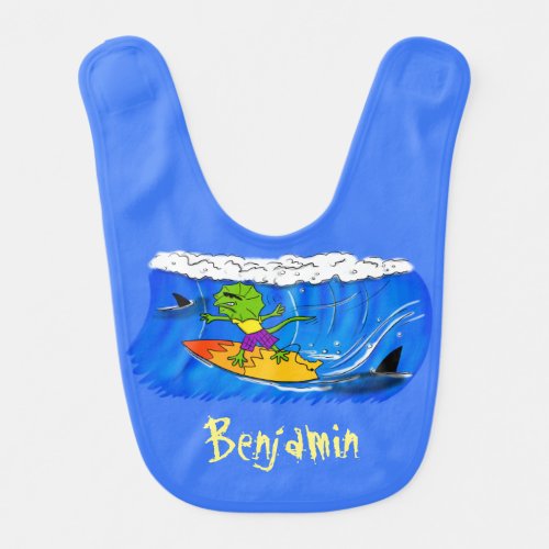 Funny frilled neck lizard surfing cartoon baby bib