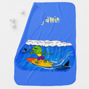 Funny frilled neck lizard surfing cartoon baby blanket