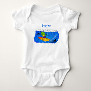 Funny frilled neck lizard surfing cartoon baby bodysuit
