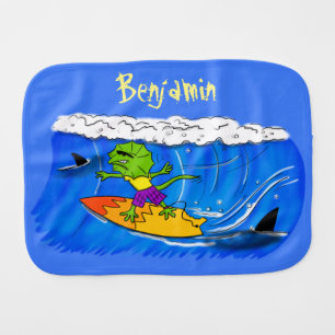Funny frilled neck lizard surfing cartoon baby burp cloth