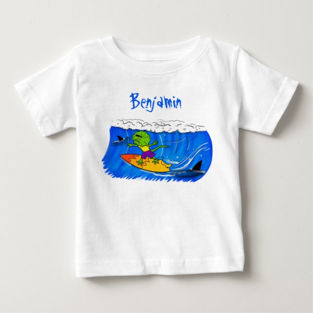 Funny frilled neck lizard surfing cartoon baby T-Shirt (Front)