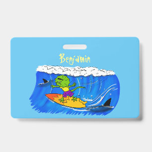 Funny frilled neck lizard surfing cartoon badge