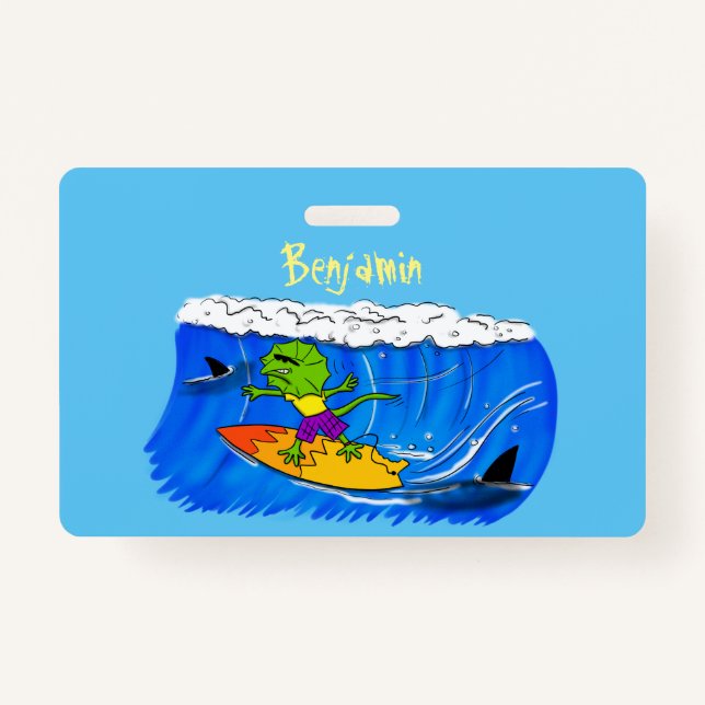 Funny frilled neck lizard surfing cartoon badge (Front)