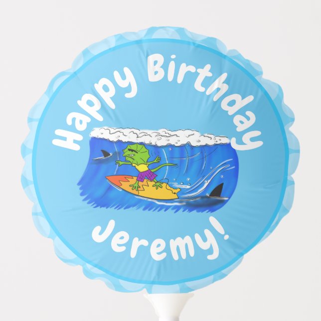 Funny frilled neck lizard surfing cartoon balloon (Front)