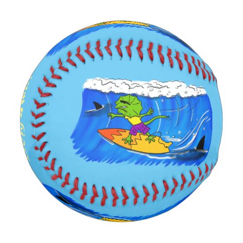 Funny frilled neck lizard surfing cartoon baseball