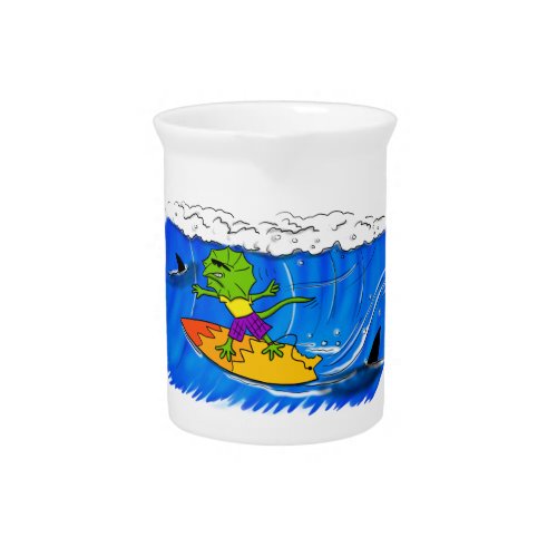 Funny frilled neck lizard surfing cartoon beverage pitcher