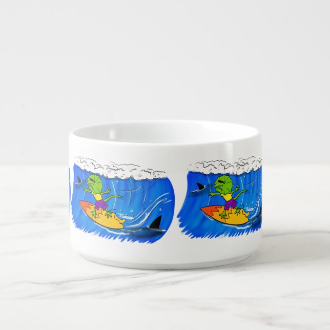 Funny frilled neck lizard surfing cartoon bowl (Center)