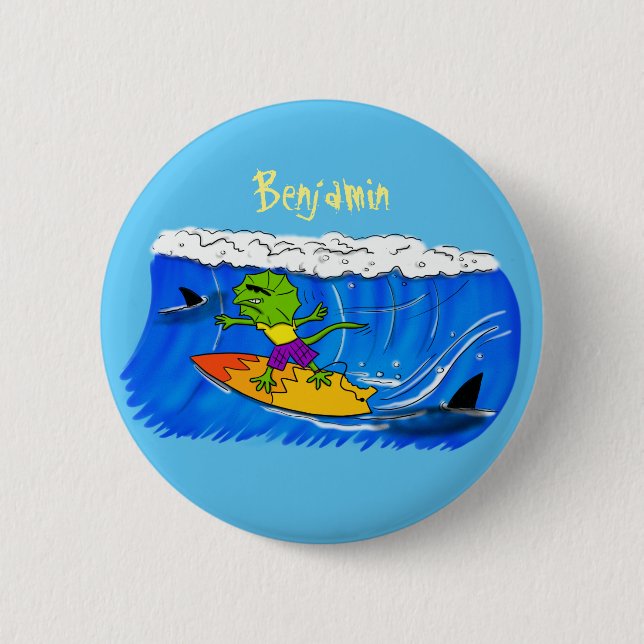 Funny frilled neck lizard surfing cartoon button (Front)