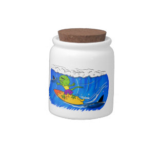 Funny frilled neck lizard surfing cartoon candy jar