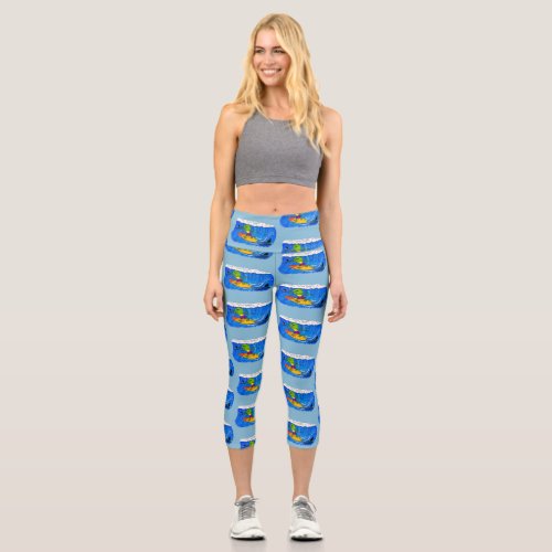 Funny frilled neck lizard surfing cartoon capri leggings