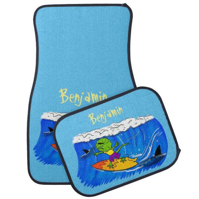 Funny frilled neck lizard surfing cartoon car floor mat (Set)